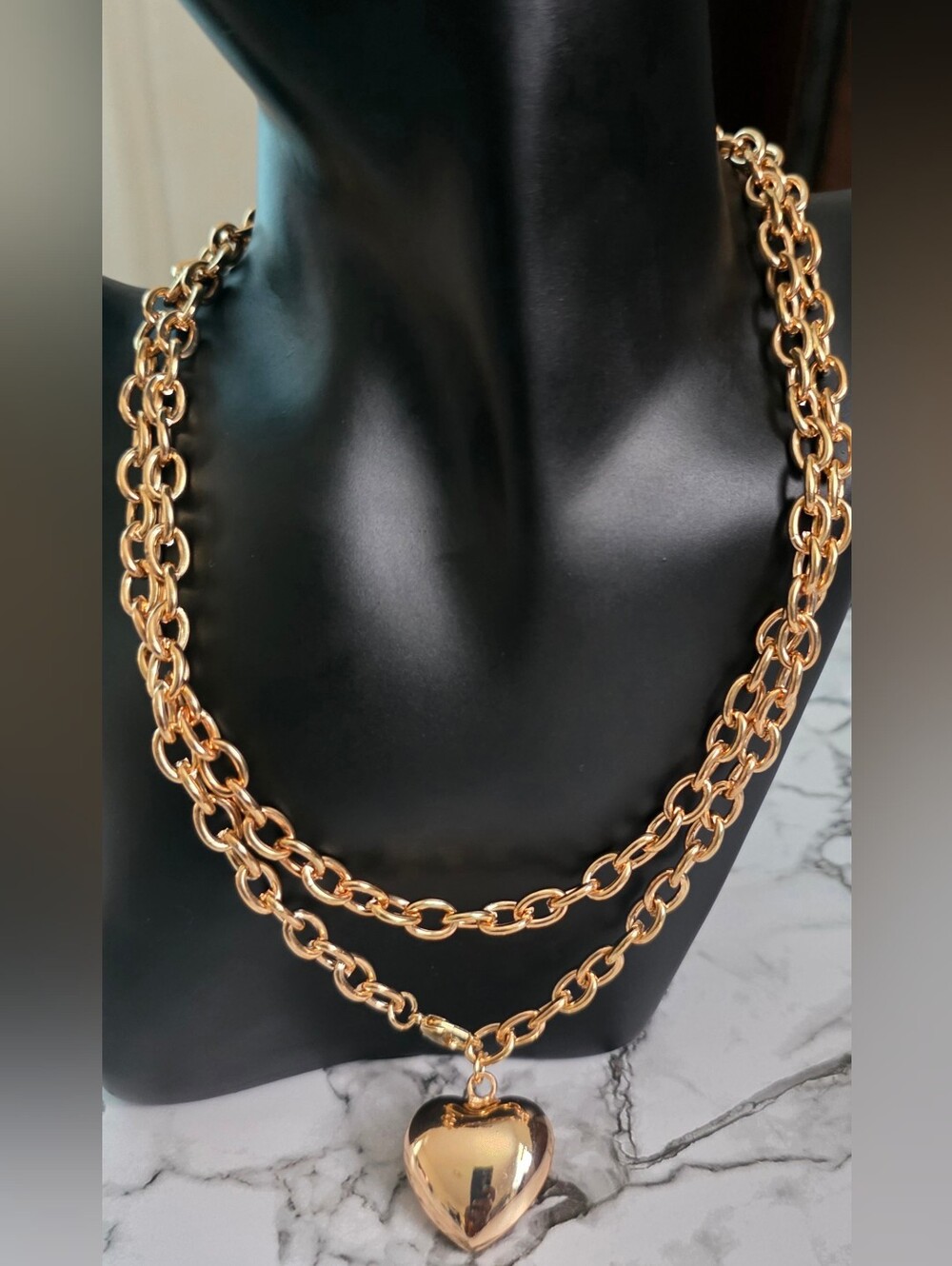 Gold-Tone Double Chain Necklace with Heart Pendant